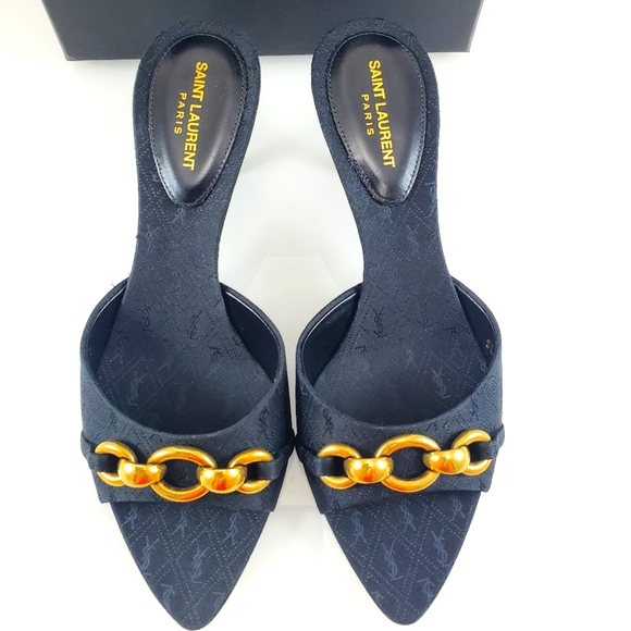 NWT$1050 Saint Laurent YSL Logo Maillon Gippy Chain Heel Slide Sandal Mule Sz 37 - Picture 11 of 17